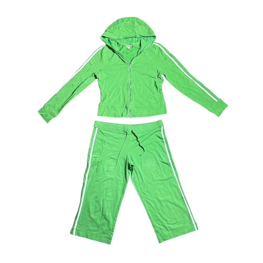 Express Women Green Tracksuit Set Zip Hoodie Cropped Joggers Large Stripe